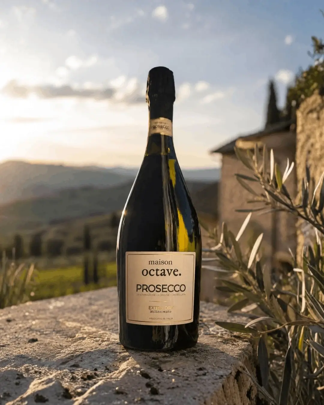 Bouteille de prosecco maison octave avec en fond les alpes italiennes